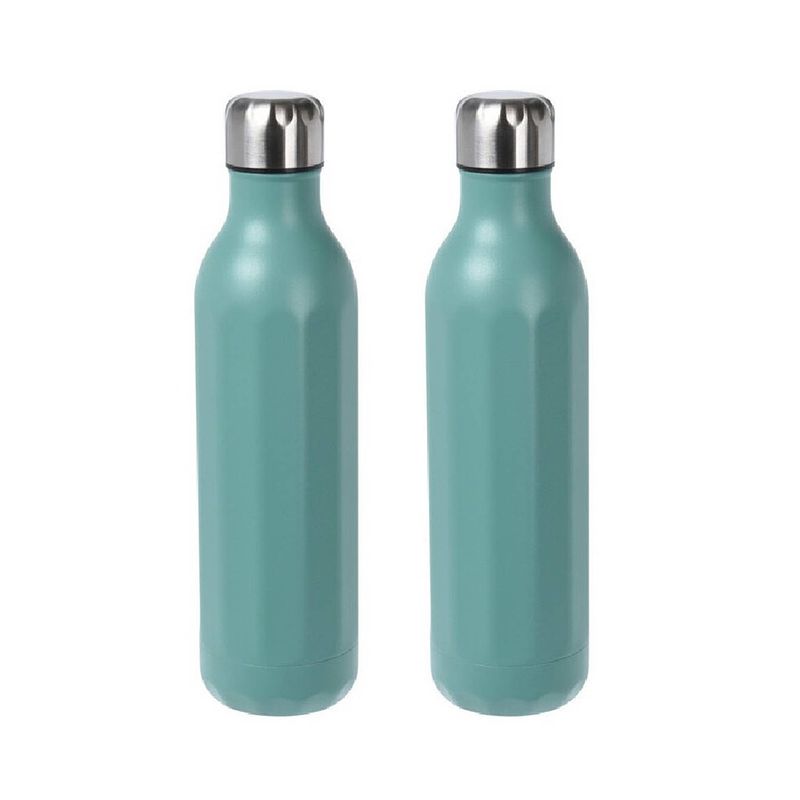 Foto van 2x stuks rvs thermosflessen / isoleerflessen voor onderweg 500 ml aqua groen - thermosflessen