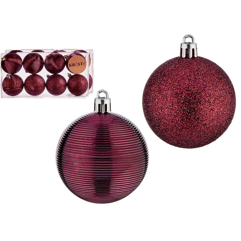 Foto van Krist+ kerstballen - 8x stuks - wijn/bordeaux rood - kunststof - gedecoreerd -6 cm - kerstbal