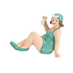 Foto van Home decoratie beeldje dikke dame zittend - groen badpak - 17 cm - beeldjes