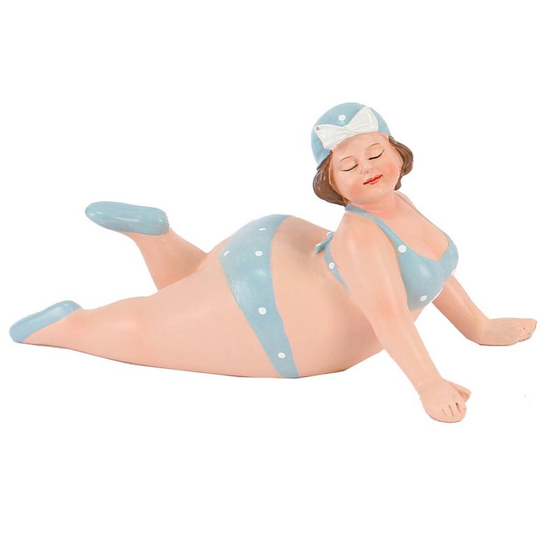 Foto van Home decoratie beeldje dikke dame liggend - blauw badpak - 20 cm - beeldjes