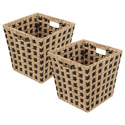 Foto van Gevlochten rieten opbergmand - 2x - vierkant - beige/zwart 31 x 31 x 31 cm - opbergmanden