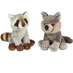 Foto van Bosdieren zachte pluche knuffels 2x stuks - wasbeer en wolf van 15 cm - knuffeldier