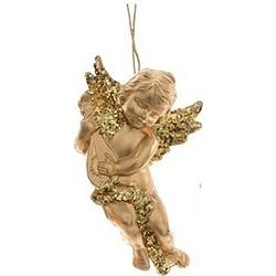 Foto van 1x kerstboomdecoratie gouden engeltjes met lute 10 cm - gouden kerstboomversiering - kerstdecoratie