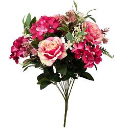 Foto van Louis maes kunstbloemen boeket rozen/hortensia met bladgroen - roze - h52 cm - bloemstuk - kunstbloemen