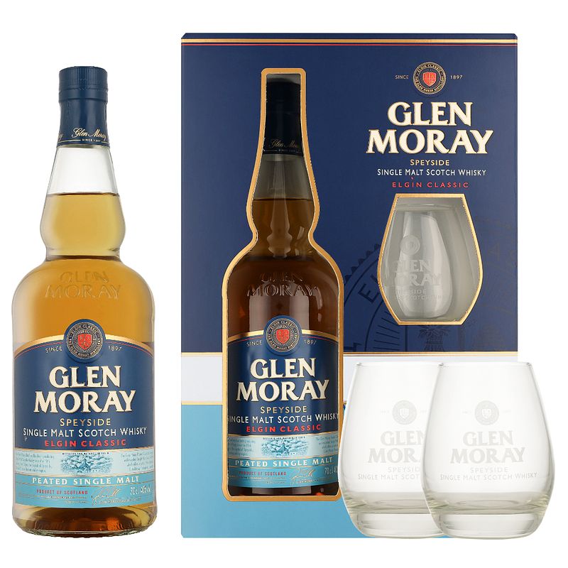 Foto van Glen moray peated + 2 glazen 70cl whisky