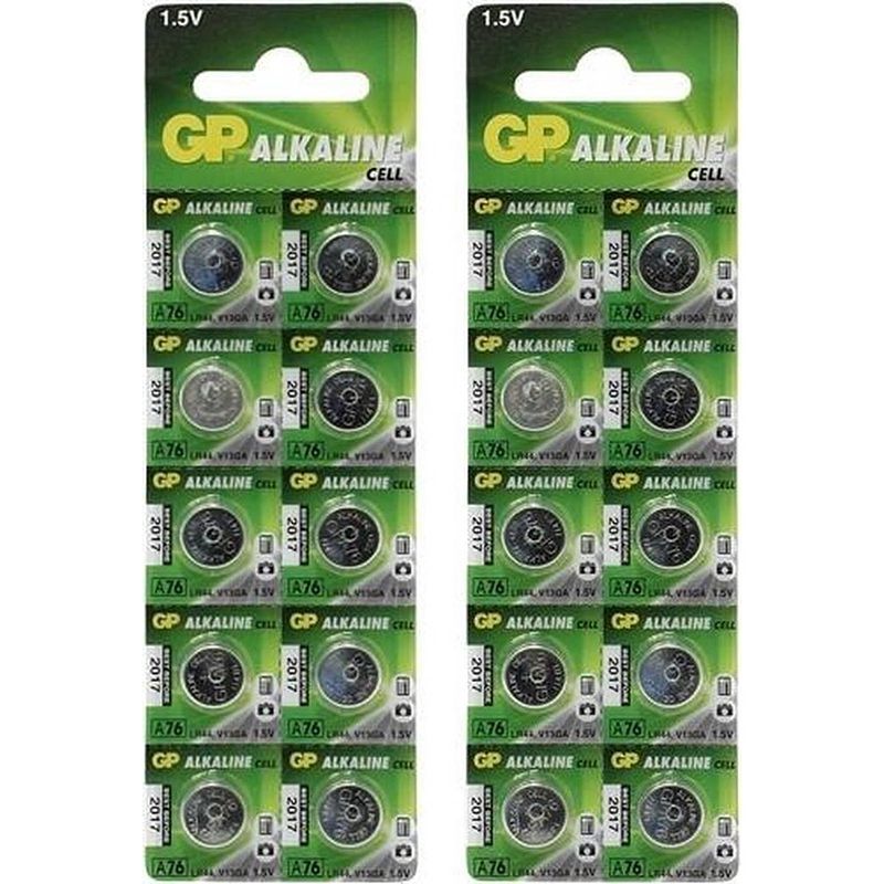 Foto van 20 stuks (2 blisters a 10st) - gp lr44/76a/v13ga/a76 1.5v alkaline knoopcel batterij