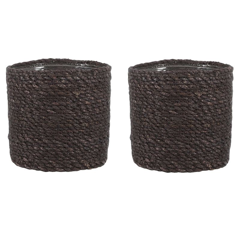 Foto van 2x stuks naturel grijs rotan planten pot mand van gedraaid jute/riet h16 en d16 cm - plantenpotten