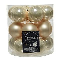 Foto van 18x stuks kleine glazen kerstballen licht parel/champagne 4 cm mat/glans - kerstbal