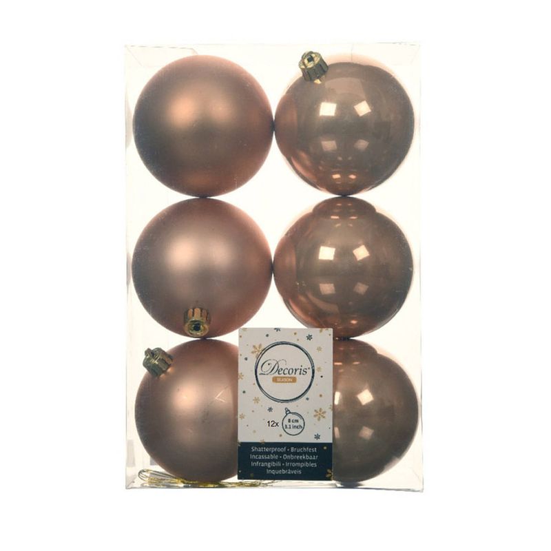 Foto van 12x stuks kunststof kerstballen toffee bruin 8 cm glans/mat - kerstbal