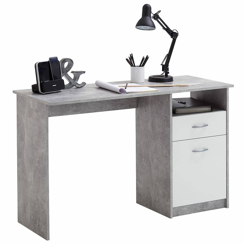 Foto van Fmd bureau met 1 lade 123x50x76,5 cm betonkleurig en wit