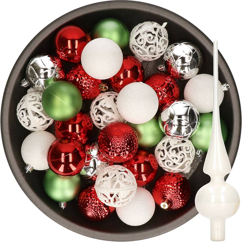 Foto van 37x stuks kunststof kerstballen 6 cm incl. glazen piek wit-rood-zilver-groen - kerstbal