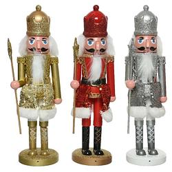 Foto van 3x stuks kerstbeeldje kunststof notenkraker poppetje/soldaat rood/zilver/goud 28 cm kerstbeeldjes - kerstbeeldjes