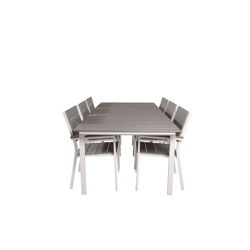 Foto van Levels tuinmeubelset tafel 100x229/310cm en 6 stoel levels wit, grijs.