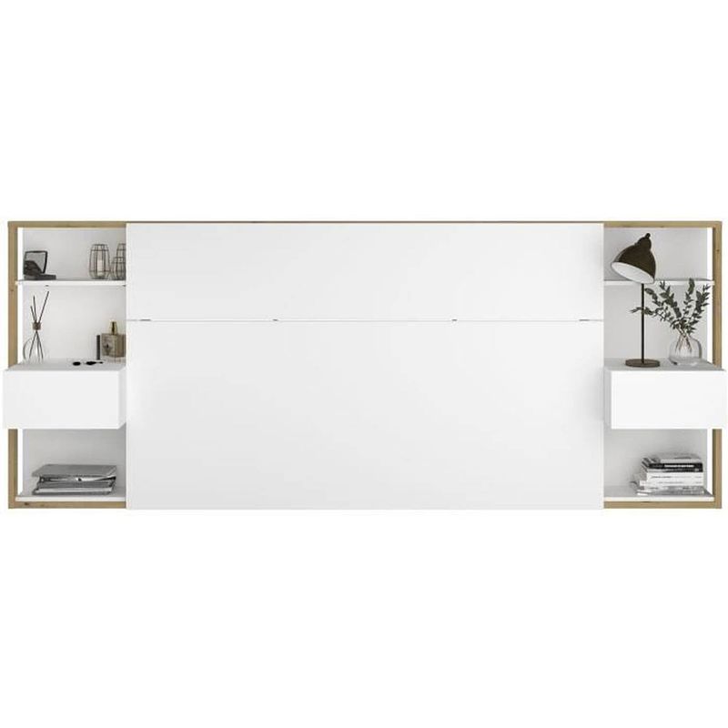 Foto van Parisot hoofdeinde met planken + nachtkastjes - artisanaal eiken en wit decor - l 255 x d 36 x h 103 cm - wit