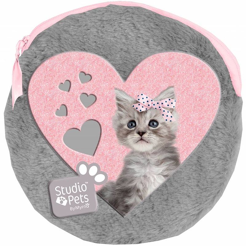 Foto van Studio pets sweet kitty - rond pluche etuitje - inclusief 2 notebooks - 13 x 13 cm - grijs