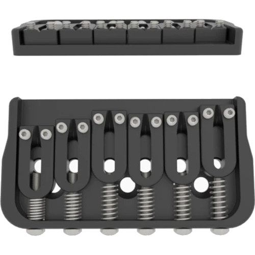 Foto van Hipshot 6-string fixed guitar bridge .125 inch black met stalen zadels en 3.2 mm grondplaat