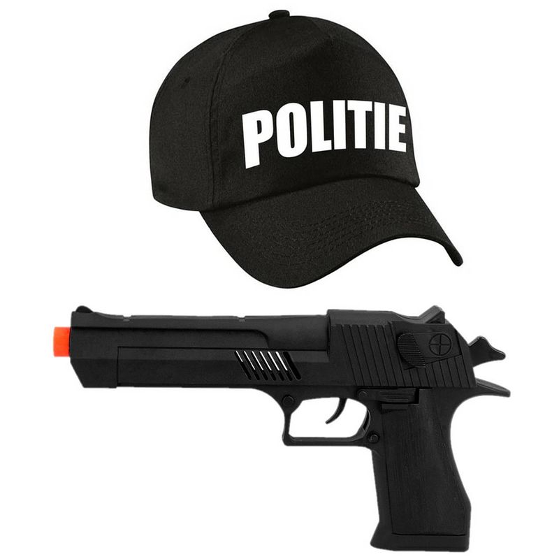 Foto van Politie verkleed cap/pet zwart met pistool voor volwassenen - verkleedhoofddeksels