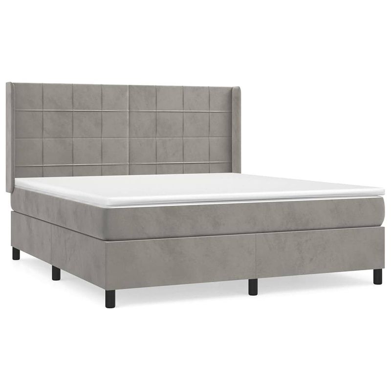 Foto van The living store boxspringbed - fluweel - pocketvering - middelharde ondersteuning - lichtgrijs - 203x183x118/128 cm -