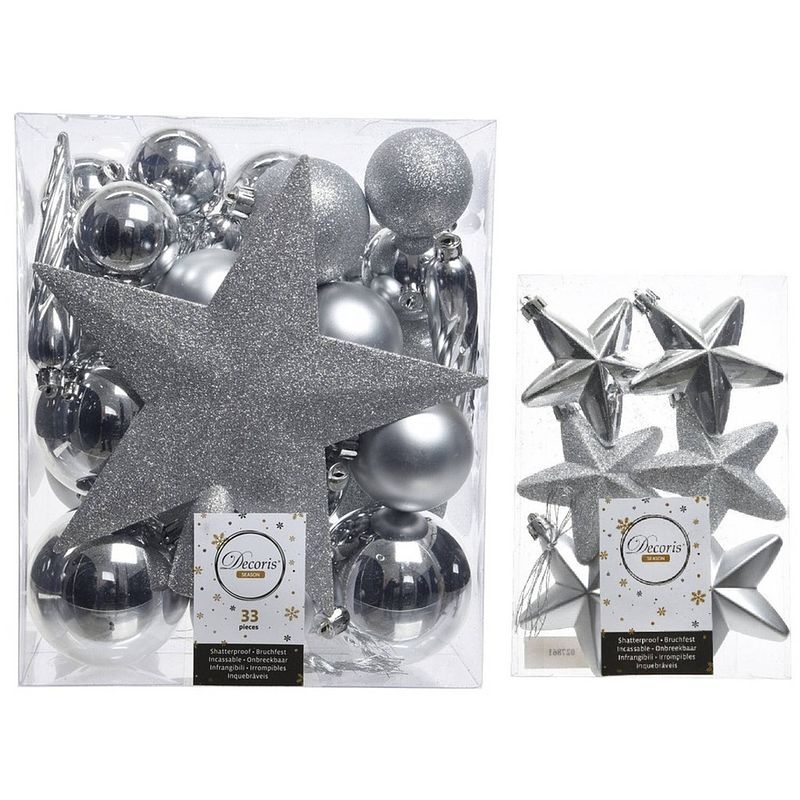 Foto van Kerstversiering kunststof kerstballen met piek zilver 5-6-8 cm pakket van 39x stuks - kerstbal