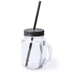 Foto van 1x stuks glazen mason jar drinkbekers zwarte dop/rietje 500 ml - drinkbekers