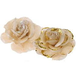 Foto van 2x stuks decoratie bloemen rozen goud op clip 9 cm - kunstbloemen