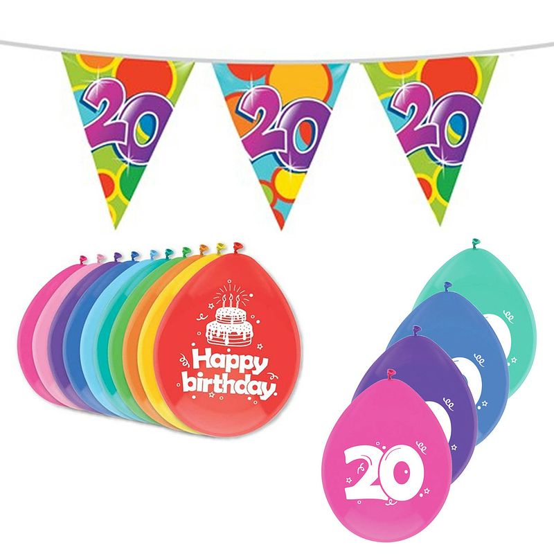 Foto van Leeftijd verjaardag thema 20 jaar pakket ballonnen/vlaggetjes - feestpakketten