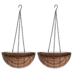 Foto van 2x stuks metalen hanging baskets / plantenbakken halfrond zwart met ketting 37 cm - hangende bloemen - plantenbakken