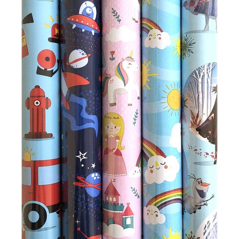 Foto van Assortiment cadeaupapier - inpakpapier voor kinderen - 5 mtr x 70 cm - 5 rollen