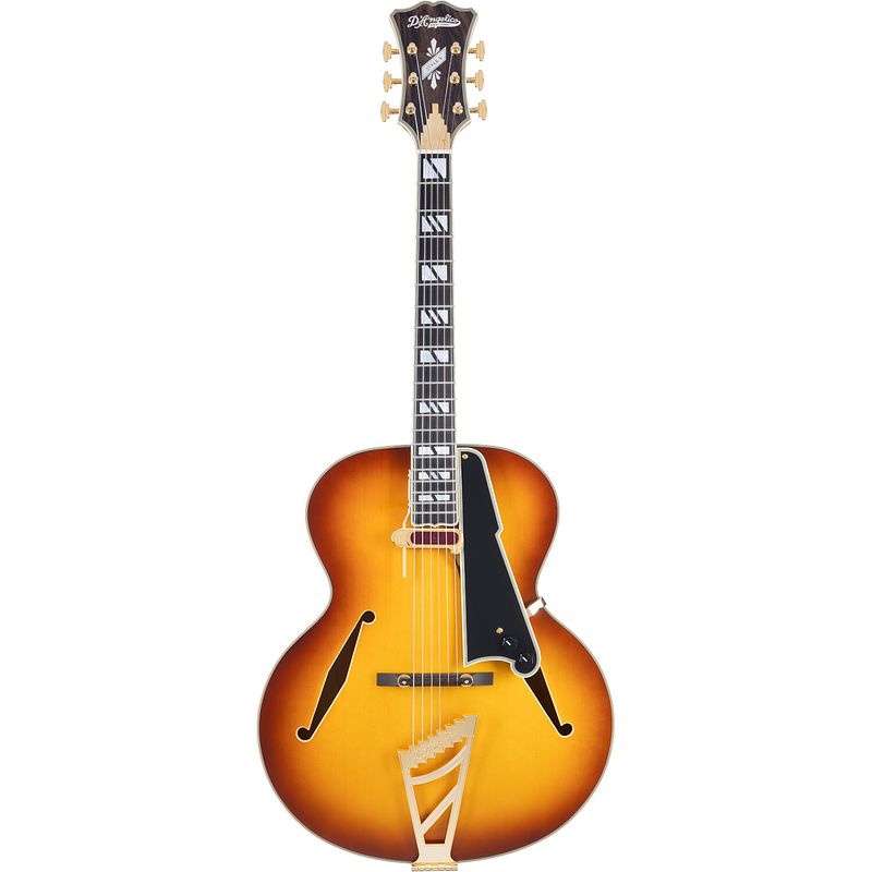 Foto van D'sangelico excel style b dark iced tea burst semi-akoestische gitaar met deluxe hardshell koffer