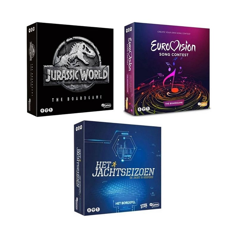 Foto van Spellenbundel - 3 stuks - jurassic world the boardgame & eurovisie songfestival spel & het jachtseizoen