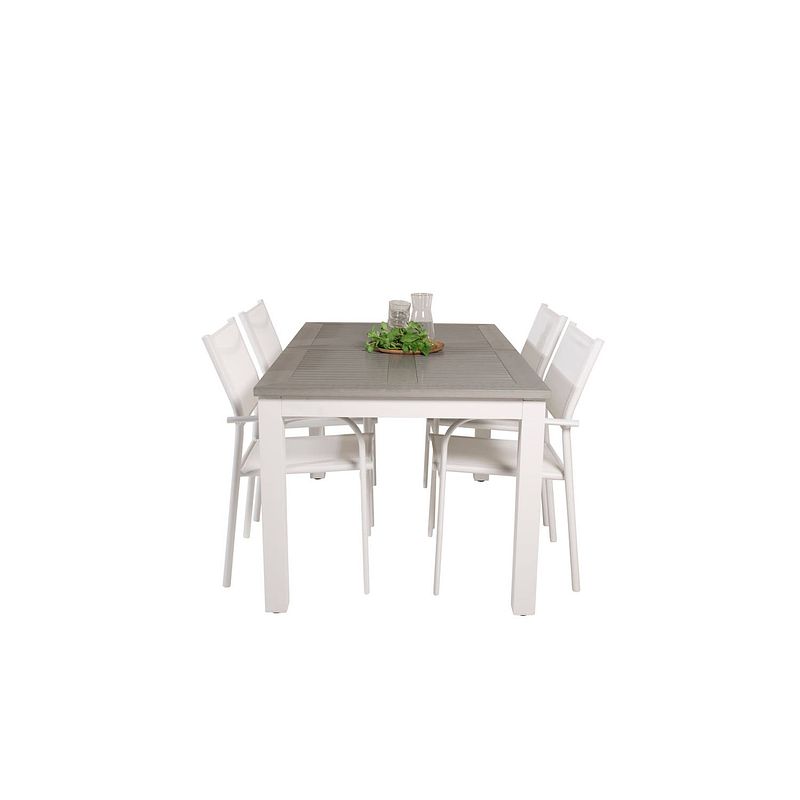 Foto van Albany tuinmeubelset tafel 90x160/240cm en 4 stoel santorini wit, grijs.