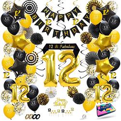 Foto van Fissaly® 12 jaar verjaardag decoratie versiering - ballonnen - jubileum - jongen & meisje - zwart en goud