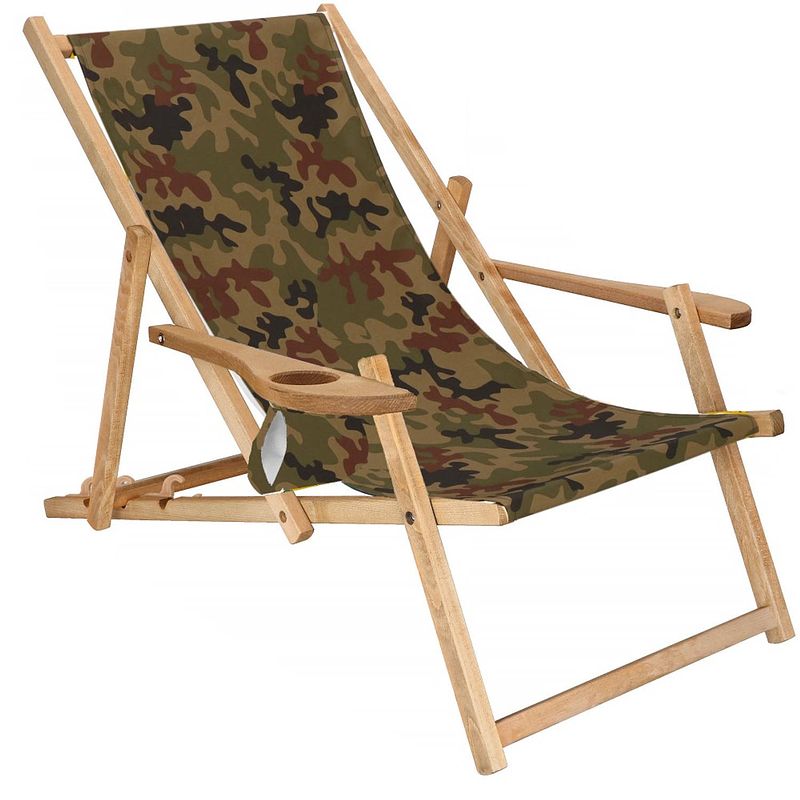 Foto van Ligbed strandstoel ligstoel verstelbaar armleuningen beukenhout geïmpregneerd handgemaakt legergroen