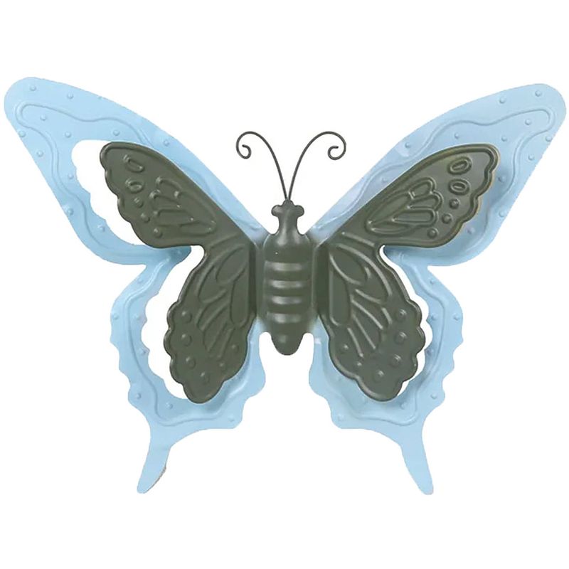 Foto van Tuin/schutting decoratie vlinder - metaal - blauw - 24 x 18 cm - tuinbeelden