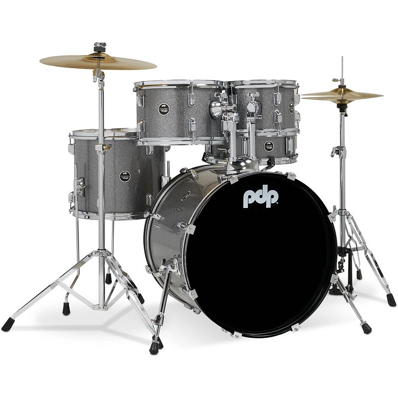 Foto van Pdp drums center stage fusion silver sparkle 5d. drumstel met bekkens en hardware