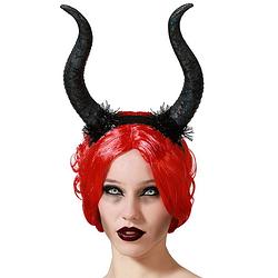 Foto van Halloween/horror verkleed diadeem/tiara - grote duivel hoorns - kunststof - dames/meisjes - verkleedhoofddeksels