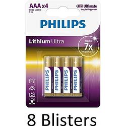 Foto van 32 stuks (8 blisters a 4 st) philips aaa lithium ultra batterijen