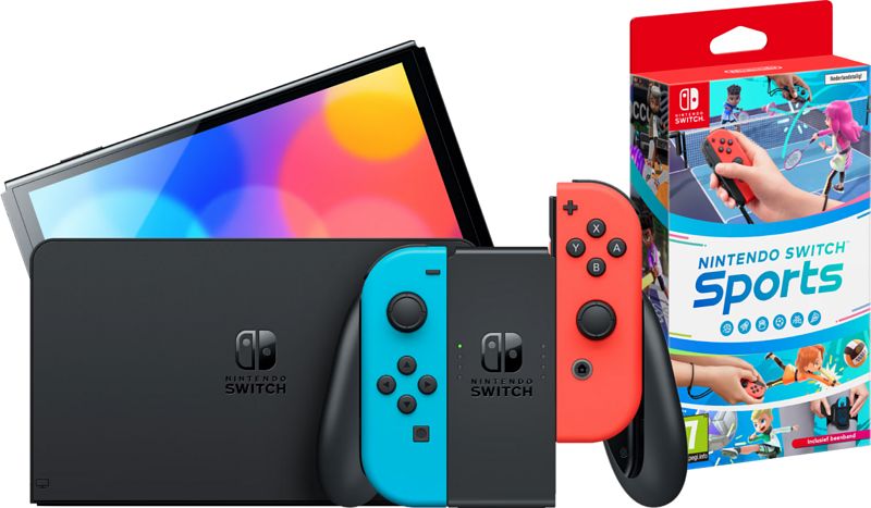 Foto van Nintendo switch oled rood/blauw + nintendo switch sports