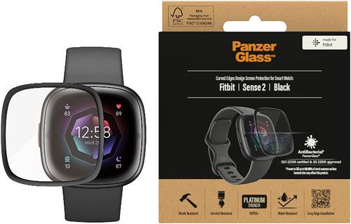 Foto van Panzerglass anti-bacterial fitbit sense 2 screenprotector glas zwart