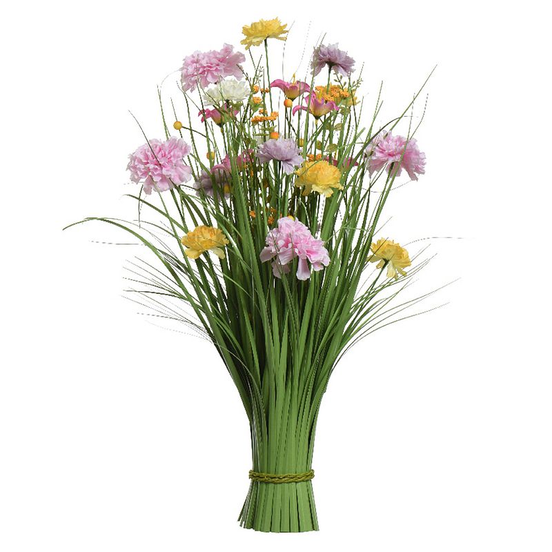 Foto van Kunstgras boeket bloemen - anjers - lila paars - geel - h70 cm - lente boeket - kunstbloemen