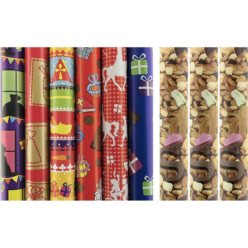 Foto van Assortiment sinterklaas inpakpapier cadeaupapier - 300/200 x 70 cm - 8 stuks