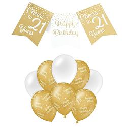 Foto van Paperdreams luxe 21 jaar feestversiering set - ballonnen & vlaggenlijnen - wit/goud - feestpakketten