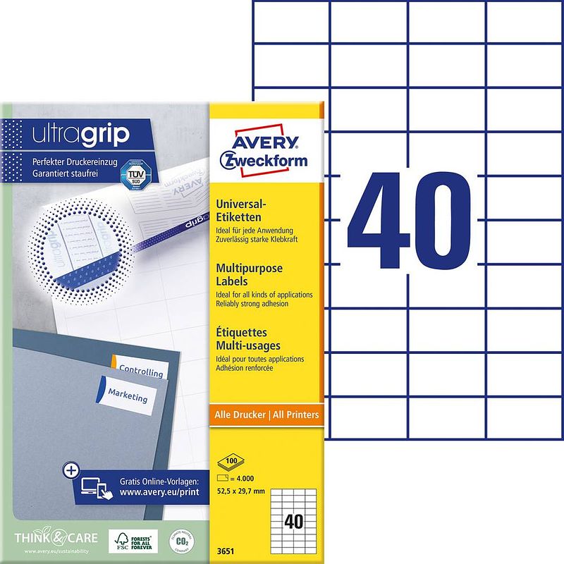 Foto van Avery zweckform 3651 universele etiketten 52,5 x 29,7 mm (b x h), 4.000 etiketten, wit