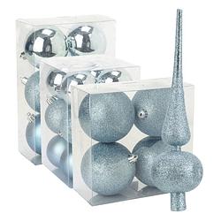 Foto van Kerstversiering set kerstballen met piek ijsblauw 6 - 8 - 10 cm - pakket van 63x stuks - kerstbal