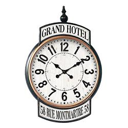 Foto van Haes deco - grote wandklok 62x93 cm vintage wit zwart bedrukking grand hotel - wijzerplaat met cijfers - metalen klok