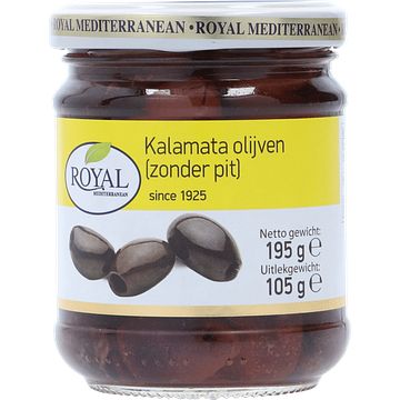 Foto van Royal mediterranean kalamata varieteit olijven (zonder pit) 195g bij jumbo