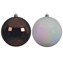 Foto van Kerstversieringen set van 2x grote kunststof kerstballen donkerbruin en parelmoer wit 20 cm glans - kerstbal