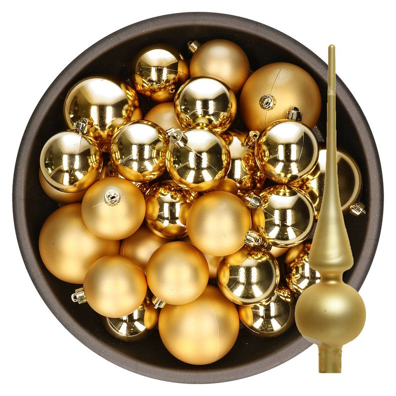 Foto van Kerstversiering kunststof kerstballen met piek goud 6-8-10 cm pakket van 45x stuks - kerstbal