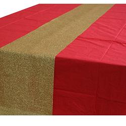 Foto van Rood tafelkleed 274 x 137 cm met gouden tafelloper met glitters voor de kersttafel - tafellakens