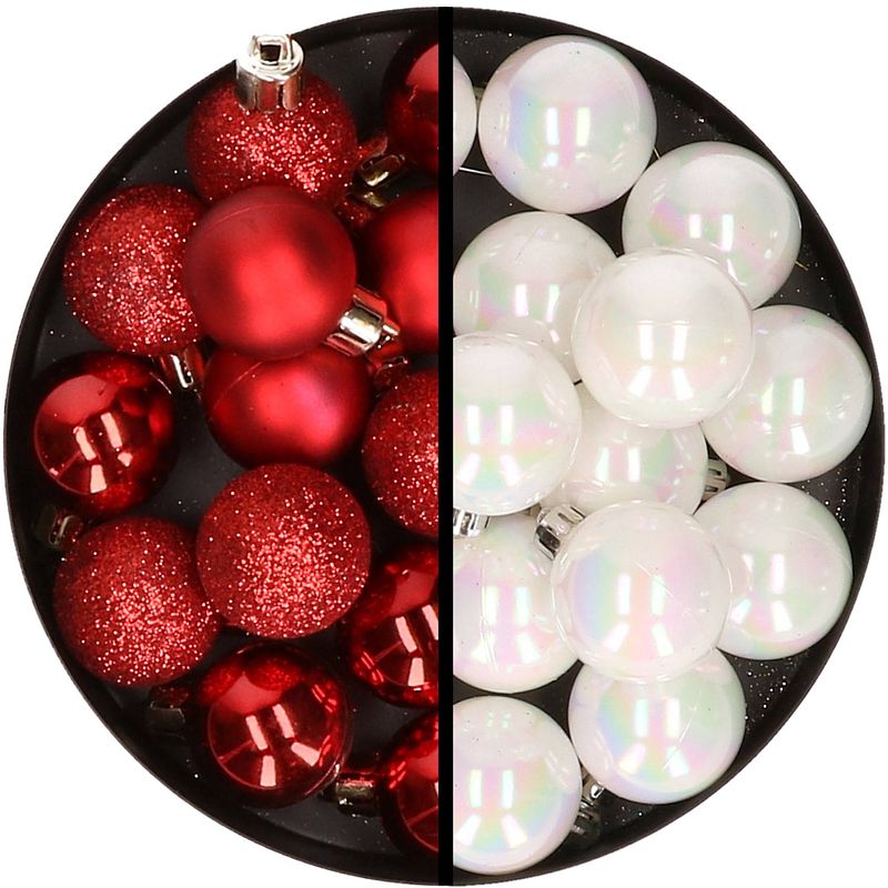 Foto van 36x stuks kunststof kerstballen rood en parelmoer wit 3 en 4 cm - kerstbal